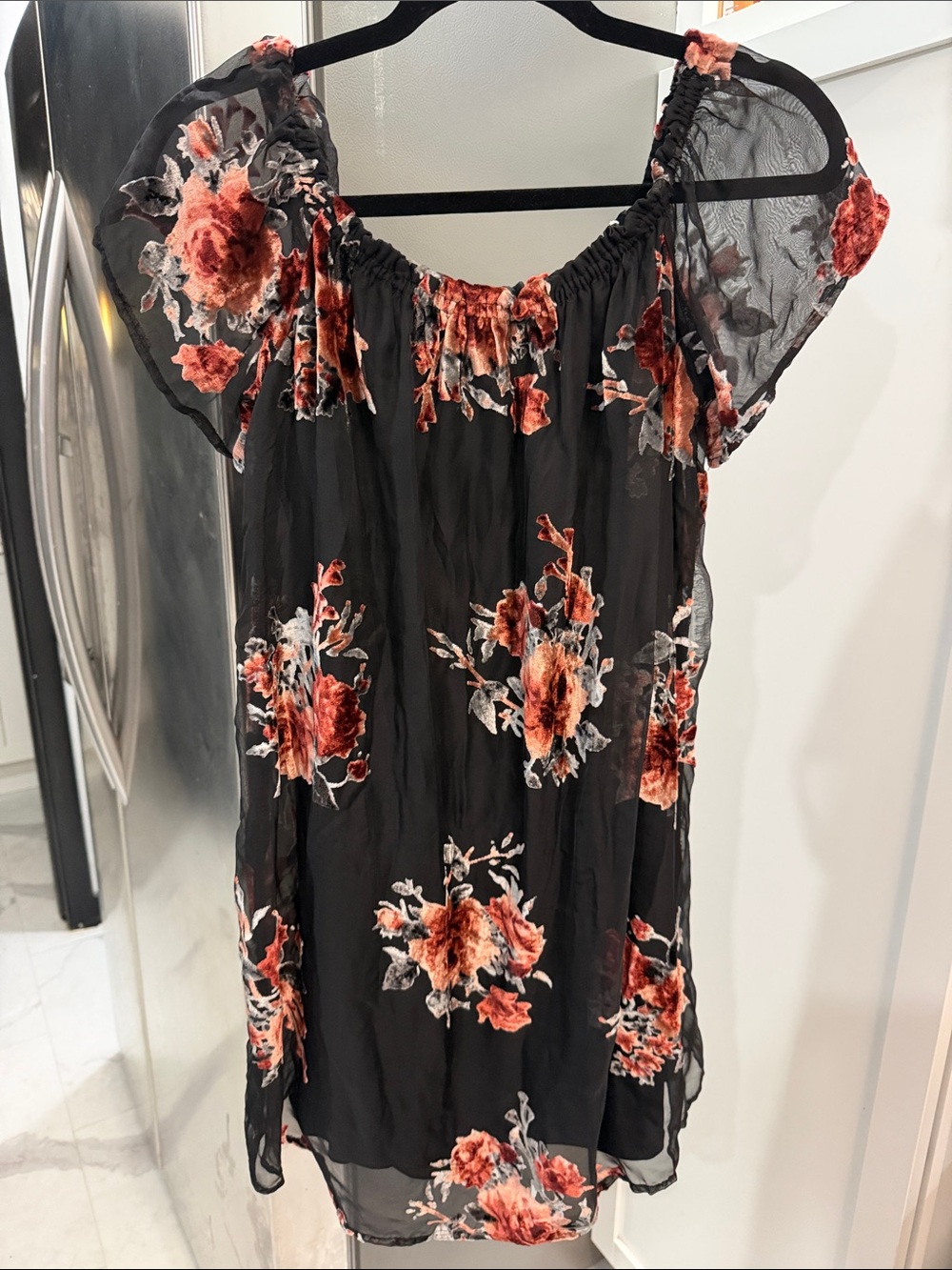 Xhilaration Black Off-Shoulder Tunic with Rust Floral Print